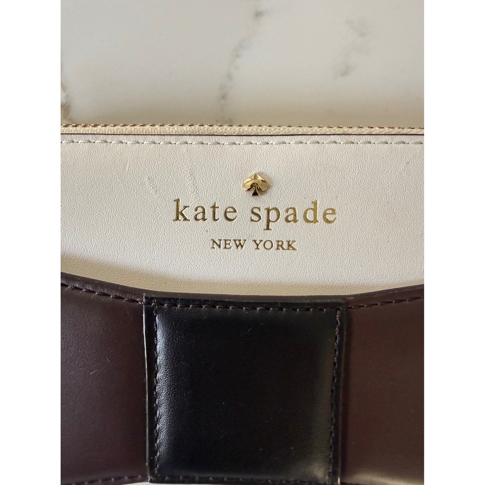 Kate Spade New York Bow Zip Around Continental Wallet Cream Brown Black Leather - Picture 7 of 14